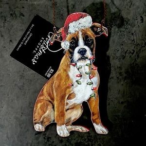 Boxer dog with Santa hat ornament new